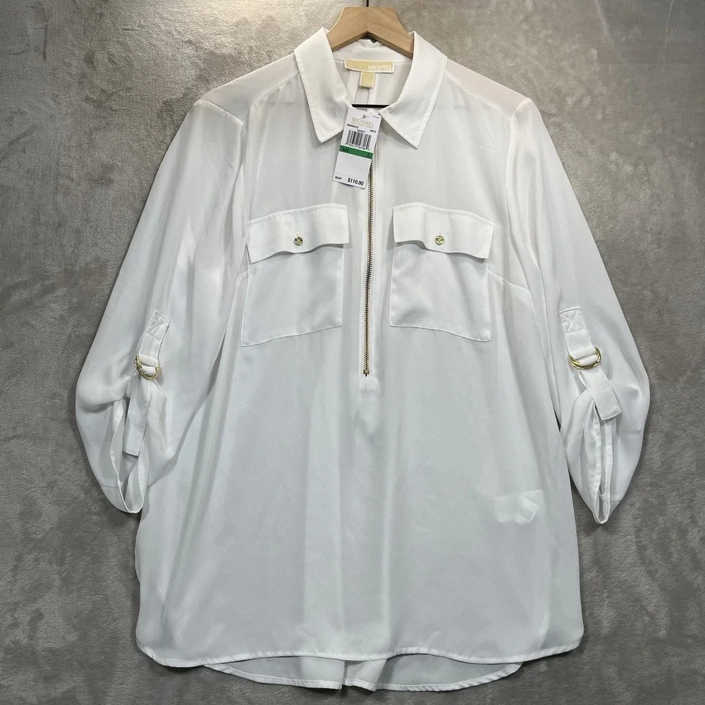 Michael‎ Kors Top White Large Roll Tab Sleeve Blouse W/Gold Zippers NEW